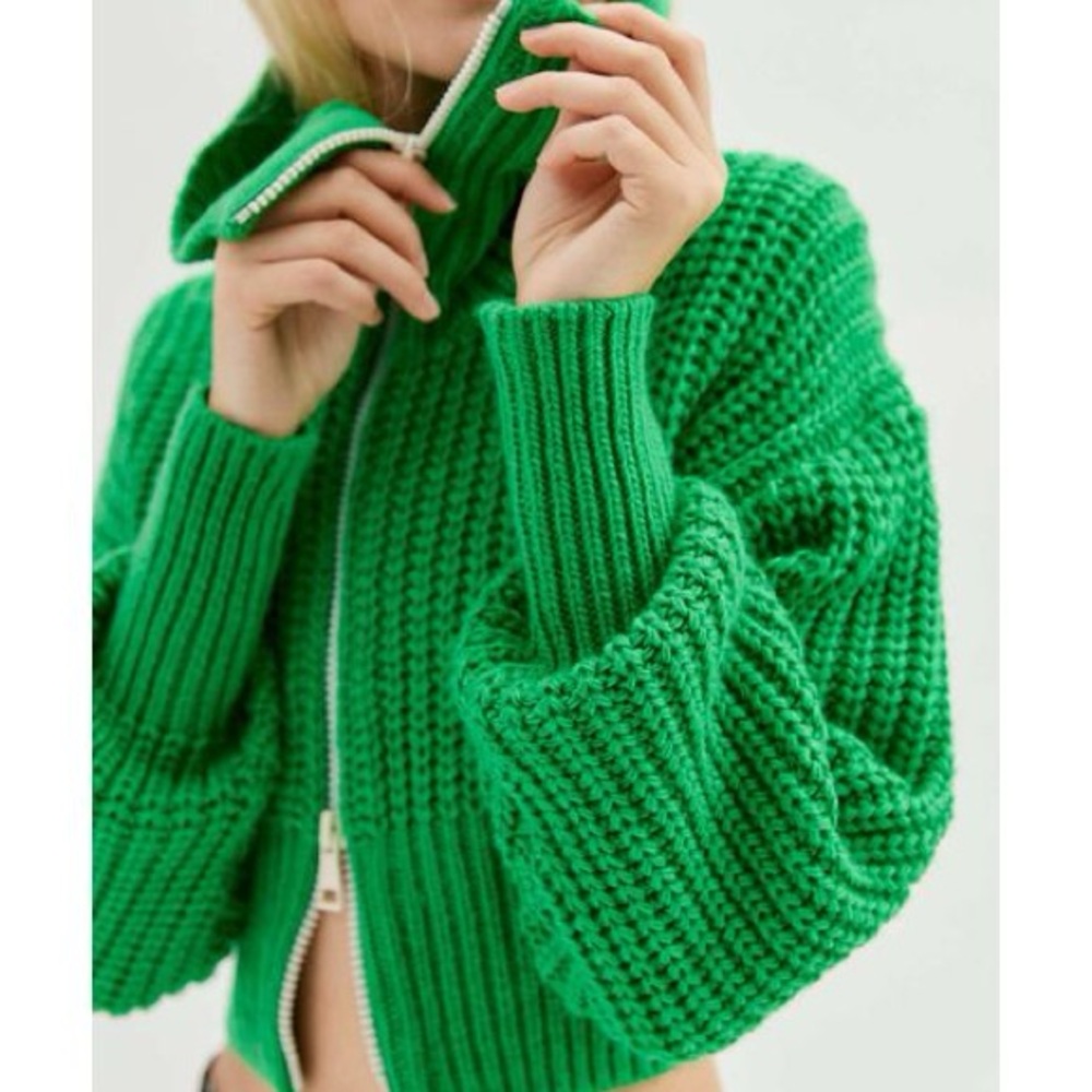 Green Knit Double Zip Sweater